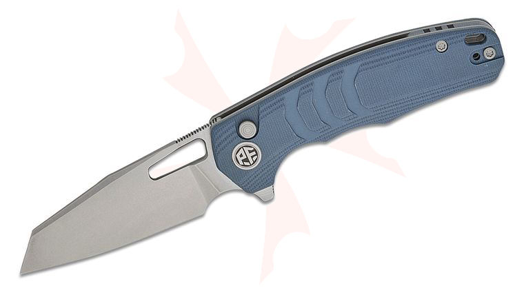 Petrified Fish PFE17BW Trilobite Button Lock Flipper Knife 3.03 inch 14C28N Stonewashed Reverse Tanto Blade, Blue G10 Handles