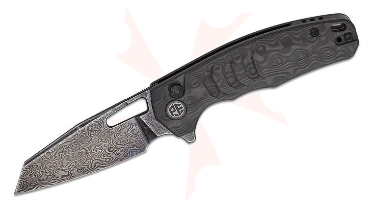 Petrified Fish PFE17DDW Trilobite Button Lock Flipper Knife 3.03 inch Damascus Reverse Tanto Blade, Carbon Fiber Handles