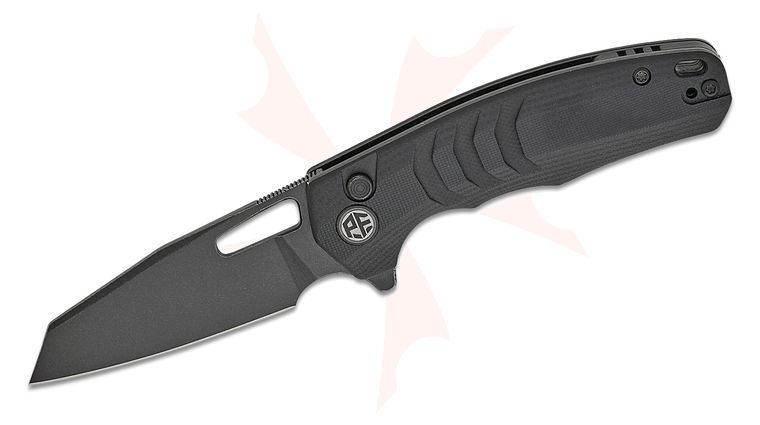 Petrified Fish PFE17DDW Trilobite Button Lock Flipper Knife 3.03 inch 14C28N Black Stonewashed Reverse Tanto Blade, Black G10 Handles