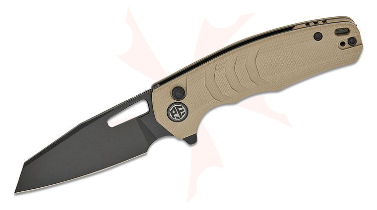 Petrified Fish PFE17KDW Trilobite Button Lock Flipper Knife 3.03 inch 14C28N Black Stonewashed Reverse Tanto Blade, Khaki G10 Handles