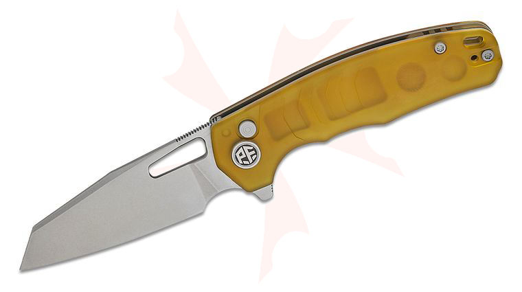 Petrified Fish PFE17UW Trilobite Button Lock Flipper Knife 3.03 inch 14C28N Stonewashed Reverse Tanto Blade, Ultem Handles