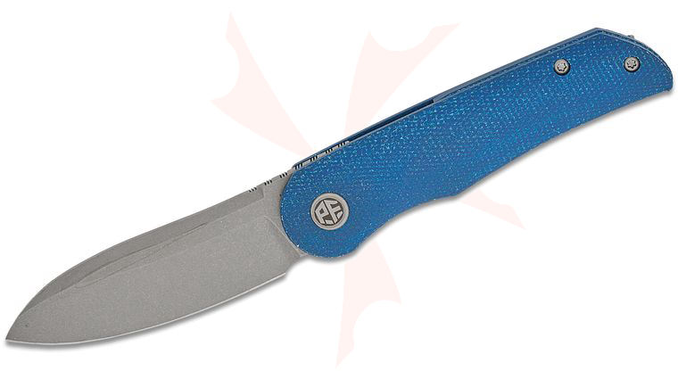 Petrified Fish PFE16 El Camino Liner Lock Front Flipper Knife 3.15 inch N690 Gray Stonewashed Drop Point Blade, Blue Micarta Handles