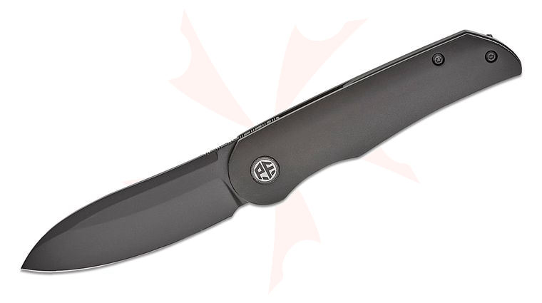 Petrified Fish PFE16 El Camino Front Flipper Knife 3.15 inch N690 Black Stonewashed Sheepsfoot Blade, Black PVD Aluminum Handles