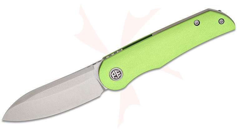 Petrified Fish PFE16 El Camino Front Flipper Knife 3.15 inch N690 Satin Sheepsfoot Blade, Hard Anodized Green Aluminum Handles