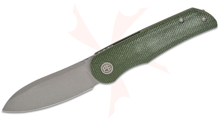 Petrified Fish PFE16 El Camino Liner Lock Front Flipper Knife 3.15 inch N690 Gray Stonewashed Drop Point Blade, Green Micarta Handles