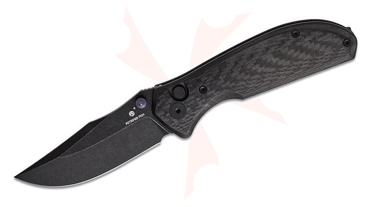 Petrified Fish PFE19CDW Guppy Button Lock Folding Knife 2.95 inch N690 Black Stonewashed Clip Point Blade, Twill Carbon Fiber Handles