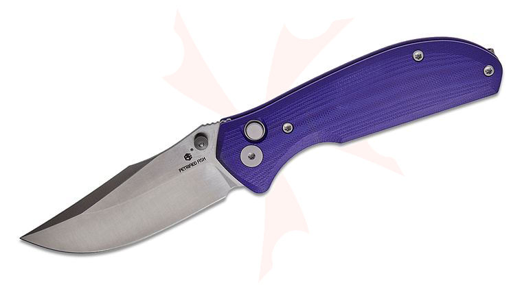 Petrified Fish PFE19PS Guppy Button Lock Folding Knife 2.95 inch N690 Satin Clip Point Blade, Purple G10 Handles