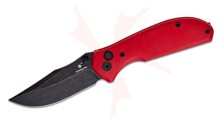 Petrified Fish PFE19RDW Guppy Button Lock Folding Knife 2.95 inch N690 Black Stonewashed Clip Point Blade, Red G10 Handles