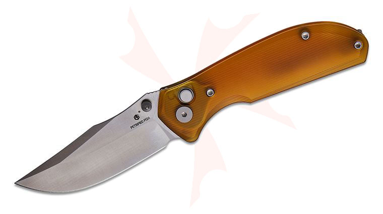 Petrified Fish PFE19US Guppy Button Lock Folding Knife 2.95 inch N690 Satin Clip Point Blade, Ultem Handles