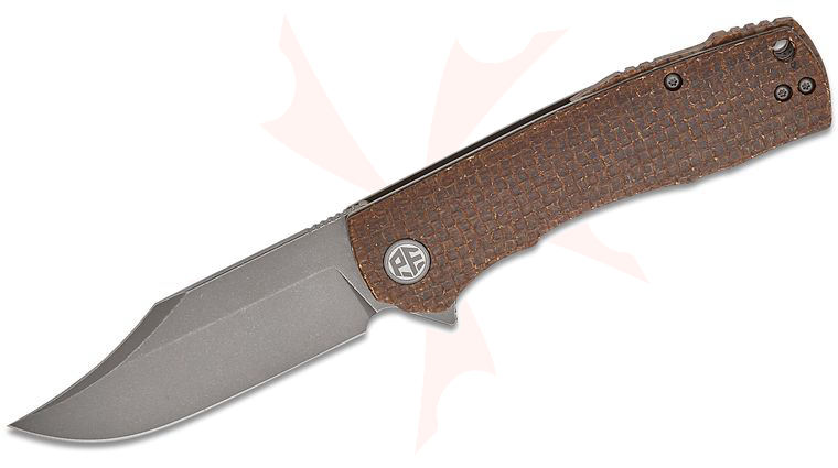 Petrified Fish PFP03 Victor Flipper Knife 3.58 inch K110 (D2) Dark Gray Stonewashed Clip Point Blade, Brown Micarta Handles