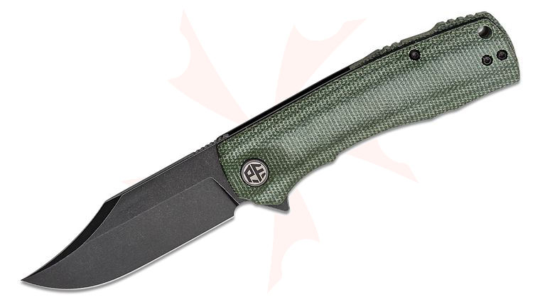 Petrified Fish PFP03 Victor Flipper Knife 3.58 inch K110 (D2) Black Stonewashed Clip Point Blade, Green Micarta Handles