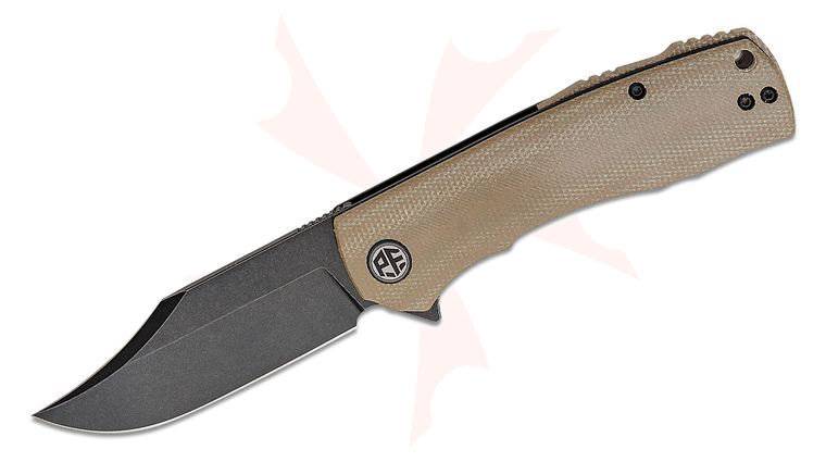 Petrified Fish PFP03 Victor Flipper Knife 3.58 inch K110 (D2) Black Stonewashed Clip Point Blade, Khaki Micarta Handles