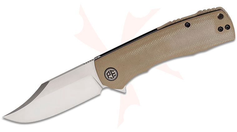 Petrified Fish PFP03 Victor Flipper Knife 3.58 inch K110 (D2) Satin Clip Point Blade, Khaki Micarta Handles