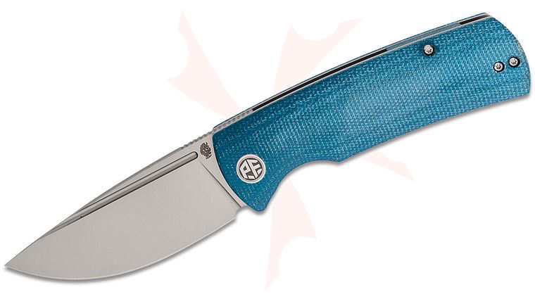 Petrified Fish PFP01 Beluga Linerlock Front Flipper Knife 3.62 inch K110 (D2) Sandblasted Drop Point Blade, Blue Micarta Handles