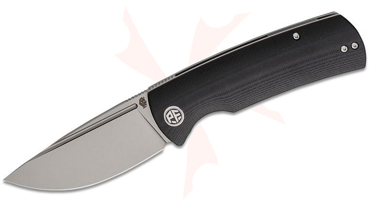 Petrified Fish PFP01 Beluga Linerlock Front Flipper Knife 3.62 inch K110 (D2) Sand Blasted Drop Point Blade, Black G10 Handles