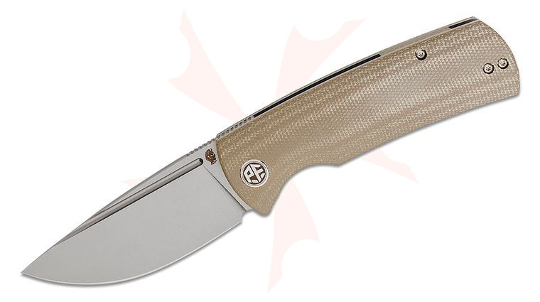 Petrified Fish PFP01 Beluga Linerlock Front Flipper Knife 3.62 inch K110 (D2) Sand Blasted Drop Point Blade, Khaki Micarta Handles