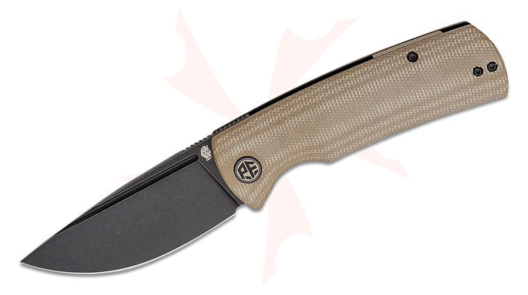 Petrified Fish PFP01 Beluga Linerlock Front Flipper Knife 3.62 inch K110 (D2) Black Stonewashed Drop Point Blade, Khaki Micarta Handles