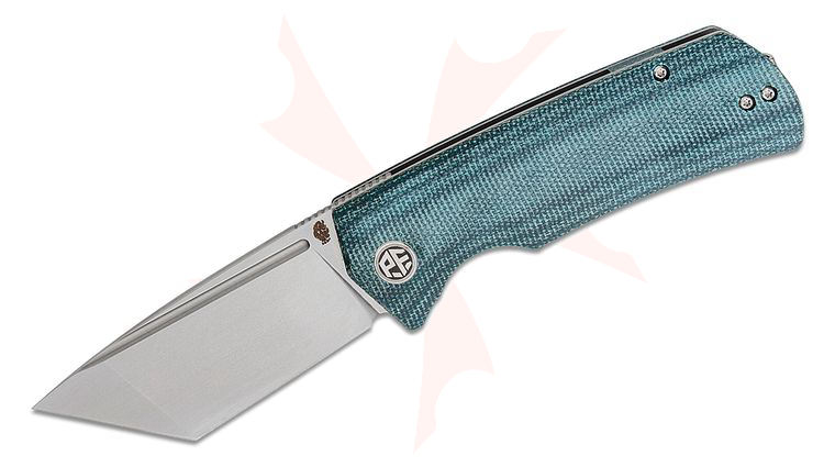 Petrified Fish PFP01T Beluga Linerlock Front Flipper Knife 3.58 inch K110 (D2) Stonewashed Tanto Blade, Blue Micarta Handles