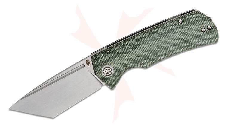 Petrified Fish PFP01T Beluga Linerlock Front Flipper Knife 3.58 inch K110 (D2) Stonewashed Tanto Blade, Green Micarta Handles