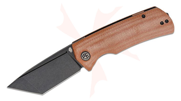 Petrified Fish PFP01T Beluga Linerlock Front Flipper Knife 3.58 inch K110 (D2) Black Stonewashed Tanto Blade, Brown Micarta Handles