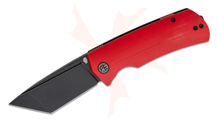 Petrified Fish PFP01T Beluga Linerlock Front Flipper Knife 3.58 inch K110 (D2) Black Stonewashed Tanto Blade, Red G10 Handles