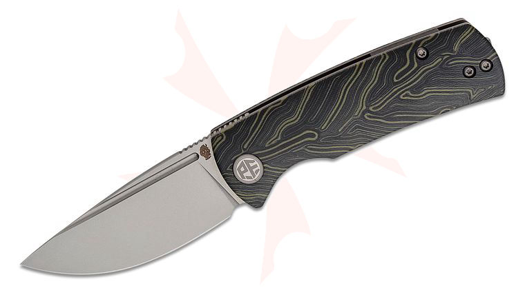 Petrified Fish PFP01X Mini Beluga Linerlock Front Flipper Knife 2.99 inch 14C28N Sand Blasted Drop Point Blade, Green/Black Coral G10 Handles