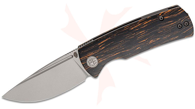 Petrified Fish PFP01X Mini Beluga Linerlock Front Flipper Knife 2.99 inch 14C28N Sand Blasted Drop Point Blade, Orange/Black Coral G10 Handles