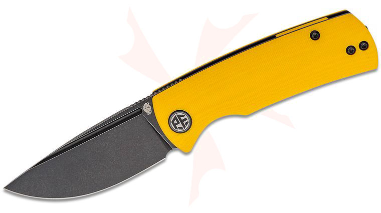Petrified Fish PFP01X Mini Beluga Front Flipper Knife 2.99 inch 14C28N Black Stonewashed Drop Point Blade, Yellow G10 Handles