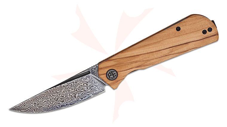 Petrified Fish PFP07 Viking Front Flipper Knife 3.62 inch Damascus Drop Point Blade, Olive Wood Handles
