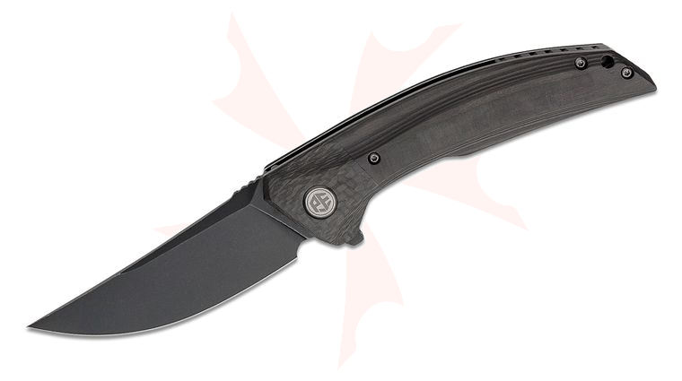 Petrified Fish PFP05 Deepsea Flipper Knife 3.66 inch K110 (D2) Black Stonewashed Trailing Point Blade, Spliced Carbon Fiber Handles