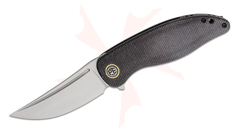 Petrified Fish PFP06 Simum Flipper Knife 3.5 inch K110 (D2) Satin Trailing Point Blade, Black Micarta Handles