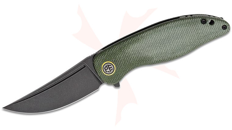 Petrified Fish PFP06 Simum Flipper Knife 3.5 inch K110 (D2) Black Stonewashed Trailing Point Blade, Green Micarta Handles