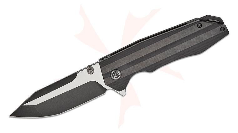 Petrified Fish PFP08 Mocado Liner Lock Flipper Knife 3.58 inch K110 Black Two-Tone Tanto Blade, Carbon Fiber/Black G10 Handles