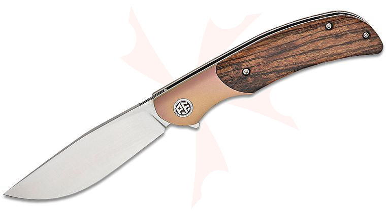 Petrified Fish PFP09 Hourglass Liner Lock Flipper Knife 3.54 inch K110 Satin Drop Point Blade, Sandalwood Handles with Bronze Titanium Bolsters