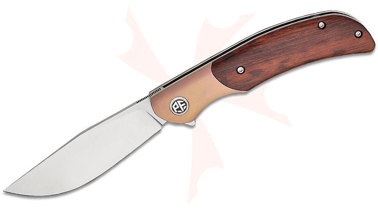 Petrified Fish PFP09 Hourglass Liner Lock Flipper Knife 3.54 inch K110 Satin Drop Point Blade, Snakewood Handles with Bronze Titanium Bolsters