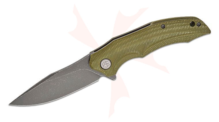 Petrified Fish PFP10 Hairtail Linerlock Flipper Knife 3.54 inch K110 Gray Stonewashed Drop Point Blade, Green Micarta Handles