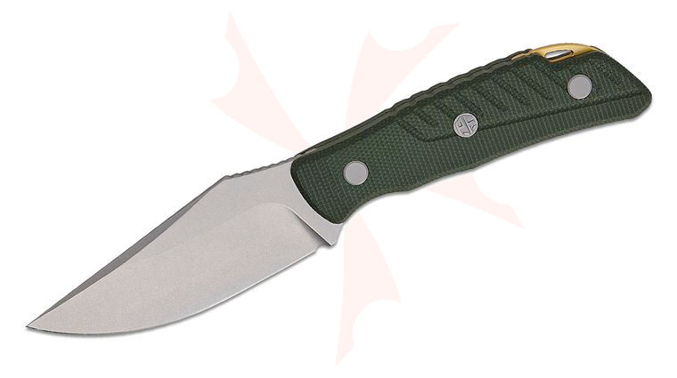 Petrified Fish PFP16 Barracuda Fixed Blade Knife 4 inch N690 Stonewashed Clip Point Blade, Green Micarta Handles, Kydex Sheath