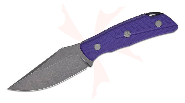 Petrified Fish PFP16 Barracuda Fixed Blade Knife 4 inch N690 Gray Stonewashed Clip Point Blade, Purple G10 Handles, Kydex Sheath