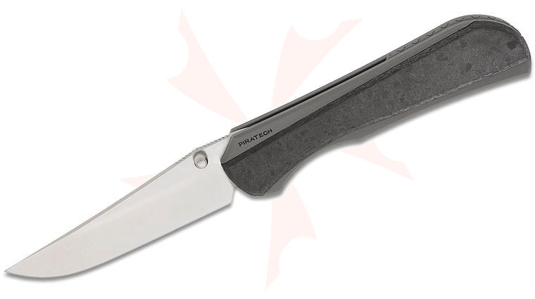 Piratech Knives Saga Mag-Snap Frame Lock Folding Knife 3.57 inch CPM-S90V Satin Clip Point Blade, Bead Blasted Titanium Handles with Magnetic Shred Carbon Fiber Scale, Leather Pouch