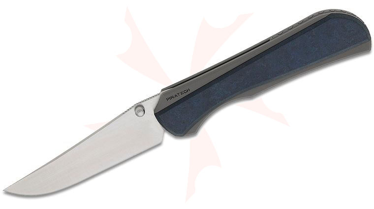Piratech Knives Saga Mag-Snap Frame Lock Folding Knife 3.57 inch CPM-S90V Satin Clip Point Blade, Blasted Titanium Handles with Magnetic Blue Canyon Richlite Scale, Leather Pouch
