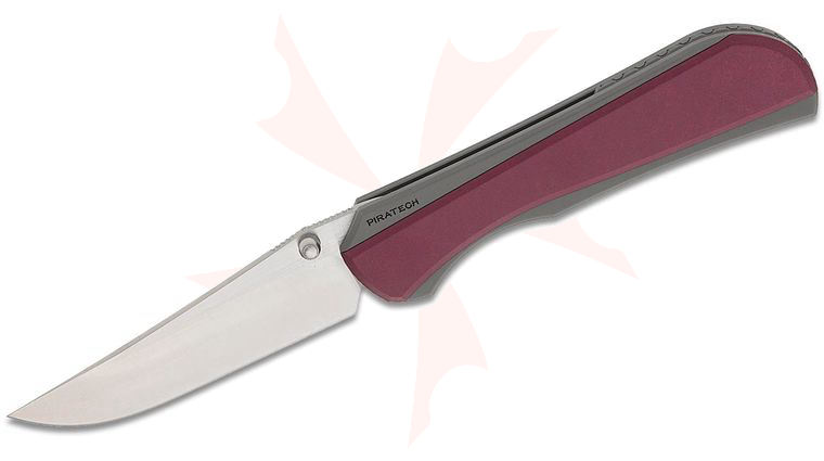 Piratech Knives Saga Mag-Snap Frame Lock Folding Knife 3.57 inch CPM-S90V Satin Clip Point Blade, Bead Blasted Titanium Handles with Magnetic Red Canyon Richlite Scale, Leather Pouch