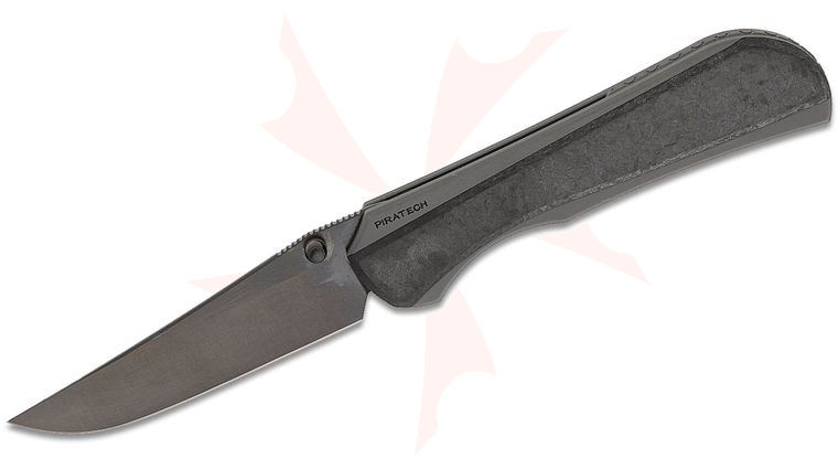 Piratech Knives Saga Mag-Snap Frame Lock Folding Knife 3.57 inch CPM-S90V Satin DLC Clip Point Blade, Bead Blasted Titanium Handles with Magnetic Shred Carbon Fiber Scale, Leather Pouch