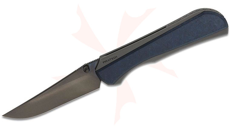 Piratech Knives Saga Mag-Snap Frame Lock Folding Knife 3.57 inch CPM-S90V Satin DLC Clip Point Blade, Blasted Titanium Handles with Magnetic Blue Canyon Richlite Scale, Leather Pouch