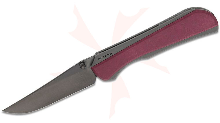 Piratech Knives Saga Mag-Snap Frame Lock Folding Knife 3.57 inch CPM-S90V Satin DLC Clip Point Blade, Bead Blasted Titanium Handles with Magnetic Red Canyon Richlite Scale, Leather Pouch