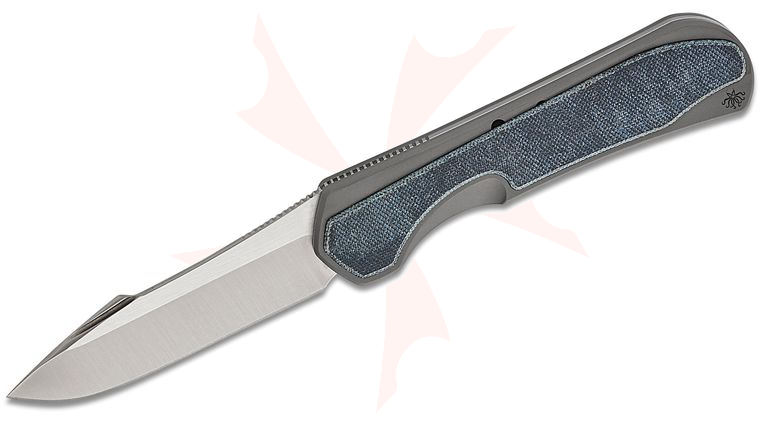 Piratech Knives Slippy Mag-Snap Slipjoint Folding Knife 2.81 inch CPM-S90V Satin Harpoon Drop Point Blade, Bead Blasted Titanium Handles with Magnetic Blue Micarta Scales, Leather Pocket Slip