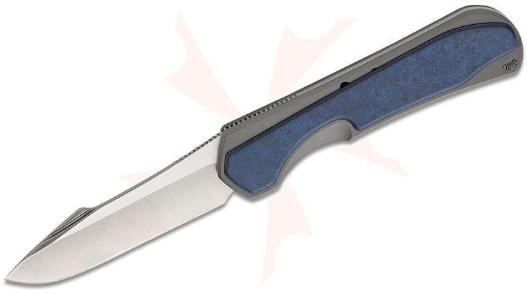 Piratech Knives Slippy Tsunami Mag-Snap Slipjoint Folding Knife 2.87 inch CPM-S90V Satin Harpoon Drop Point Blade, Bead Blasted Titanium Handles with Magnetic Blue Canyon Richlite Scales, Leather Pocket Slip