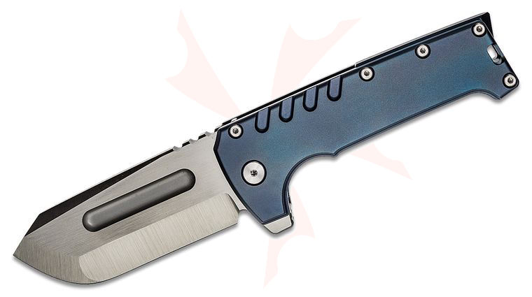 PMP Knives Grizzly Flipper Knife 4 inch D2 Reverse Tanto Blade, Blue Anodized Titanium Handles