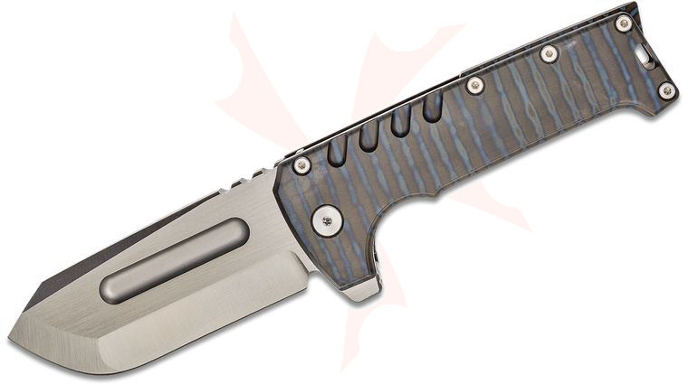 PMP Knives Grizzly Flipper Knife 4 inch D2 Reverse Tanto Blade, Flame Anodized Titanium Handles