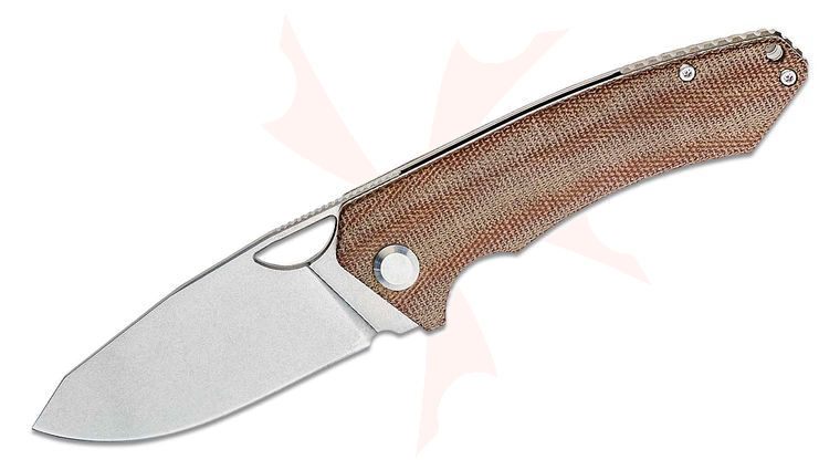 PMP Knives Spartan Front Flipper Knife 3.25 inch N690 Stonewashed Drop Point Blade, Brown Micarta Handles