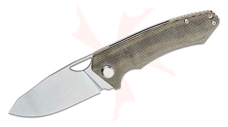 PMP Knives Spartan Front Flipper Knife 3.25 inch N690 Stonewashed Drop Point Blade, Green Brown Micarta Handles